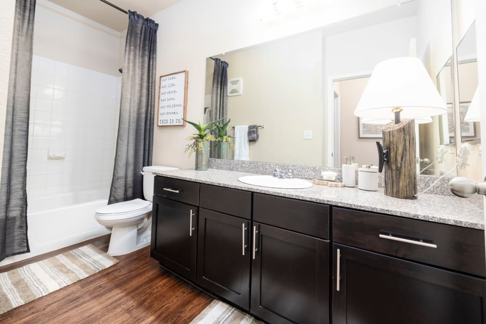 Tiled shower and granite countertop in the primary bathroom of a model apartment at Carrington Oaks in Buda, Texas