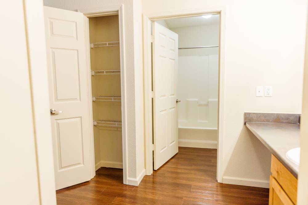 Closet and bathtub in the bathroom at Pheasant Run in Enid, Oklahoma.