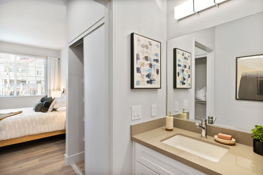 Bedroom view at the bathroom at Terra at Portola Park in Livermore, California