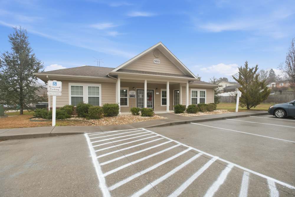 Beautiful exterior view of the apartment building showing roads and walk-ways at Hancock Ridge in Johnson City, Tennessee
