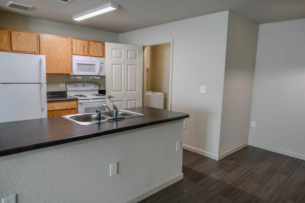 Modern kitchen with white appliance and storage spaces at Tupelo Ridge in Warner Robins, Georgia