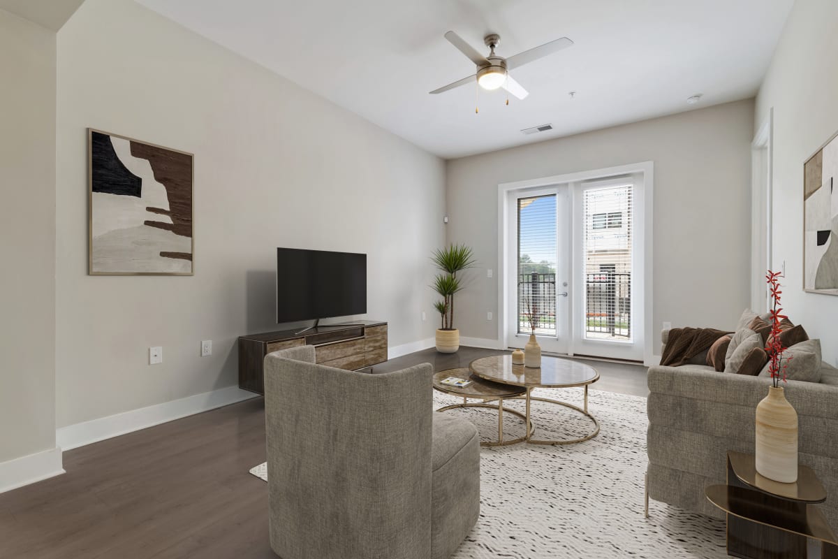 Rendering of living room at Lantower BullHouse in Durham, North Carolina
