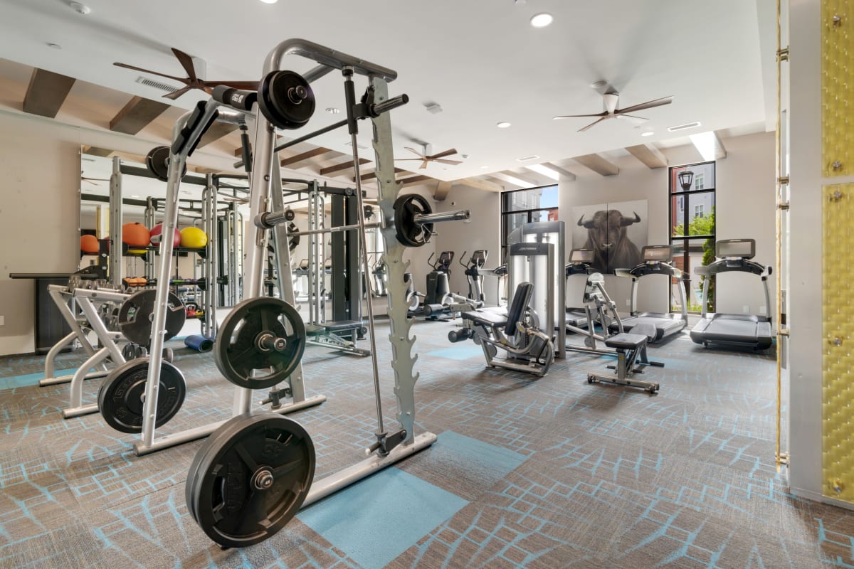 Fitness center with exercise equipment at Lantower BullHouse in Durham, North Carolina