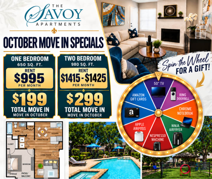 Savoy Apartments ad move-in special at The Savoy Apartments in Fort Worth, Texas