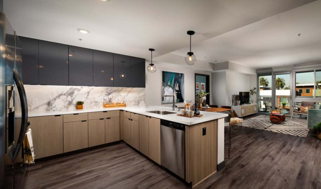 Open kitchen and living area at Haven Apartments in Los Angeles, California 