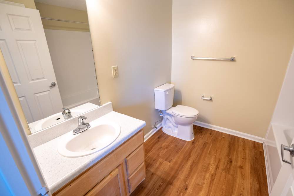 Bright bathroom with sink, commode and bathtub at Eagles Landing in Memphis, Tennessee