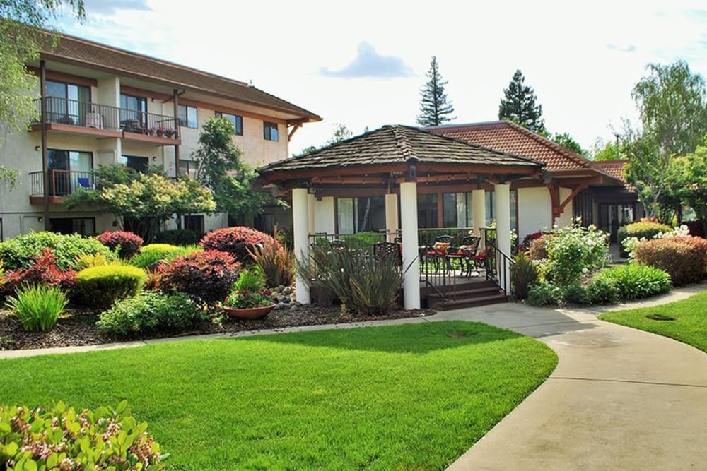 Gazebo surrounded by lovely garden at Roseville Commons Senior Living in Roseville, California
