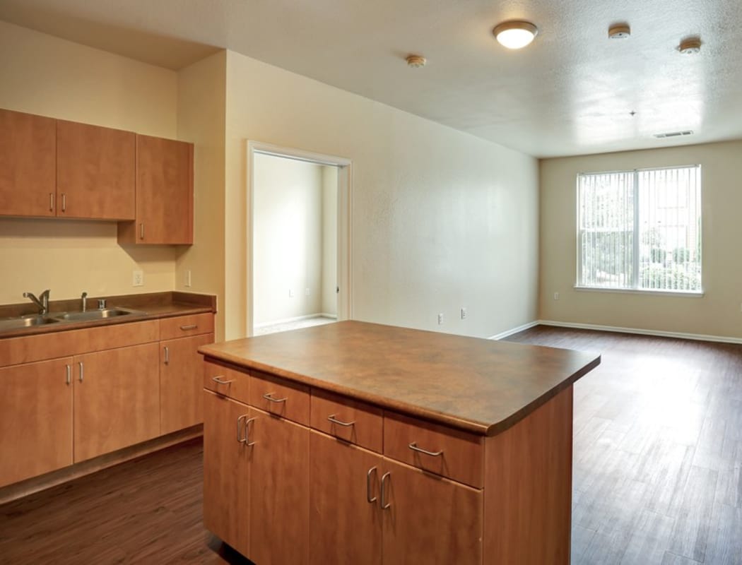 Kitchen with an island at Diamond at Prospect Apartments