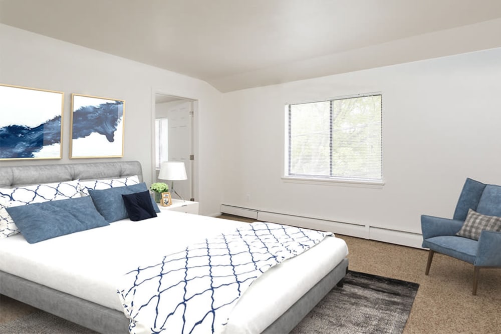 Model bedroom at Lake Vista Apartments in Rochester, New York