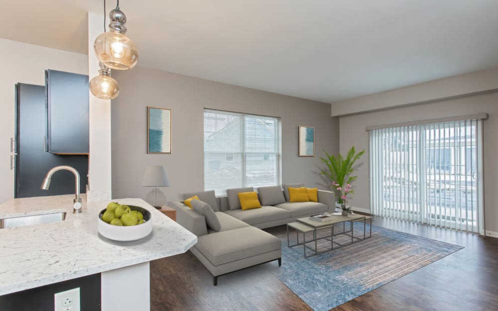 Well decorated model living room at North Ponds Apartments & Townhomes in Webster, New York.