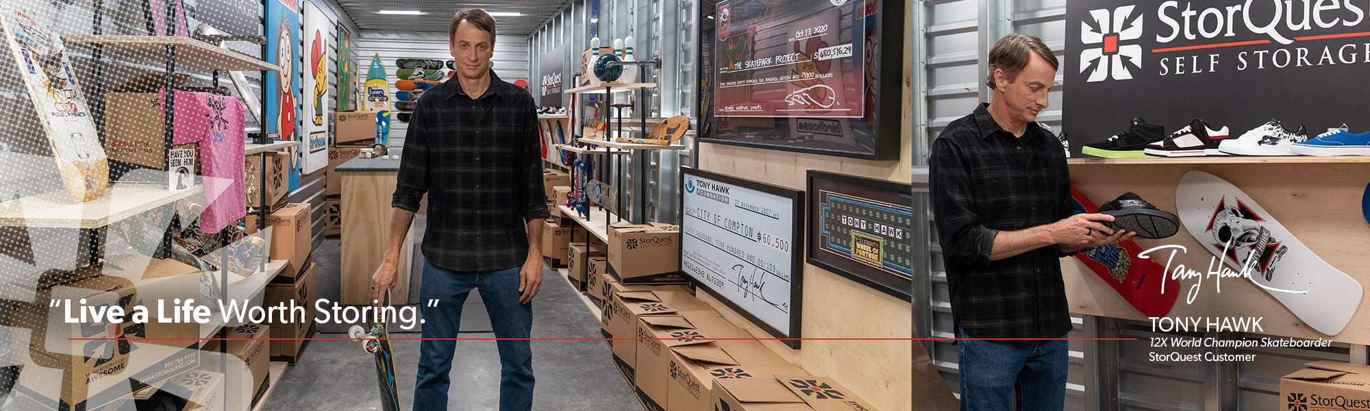 Collage from Tony Hawk's tour of his storage unit.
