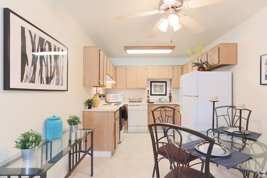 Model kitchen with hardwood floors at Ashford Park in Sacramento, California