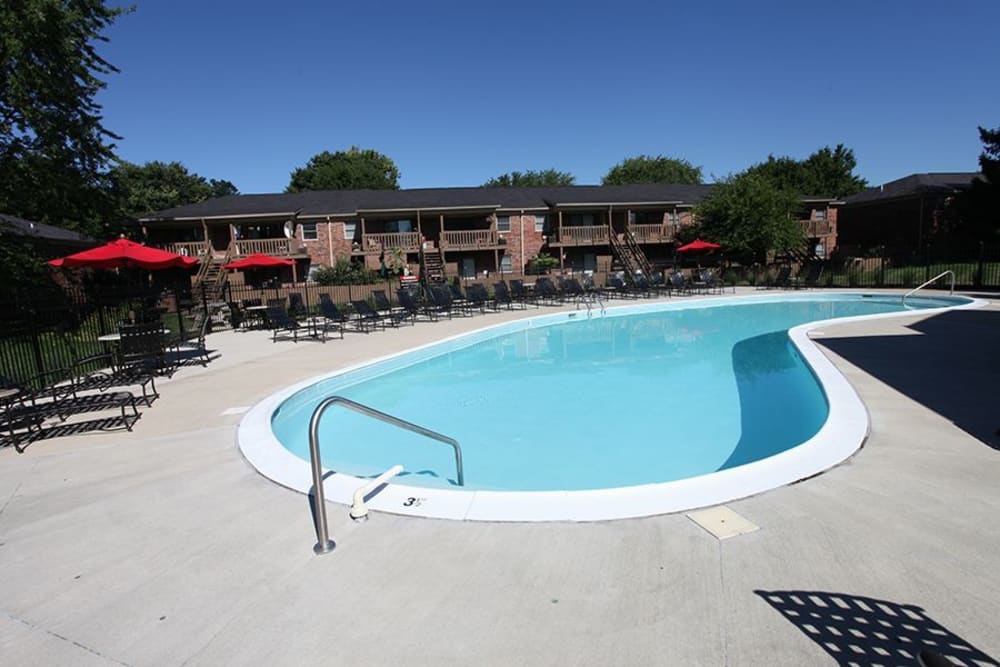 A swimming pool with a large sundeck at Valle Vista in Greenwood, Indiana