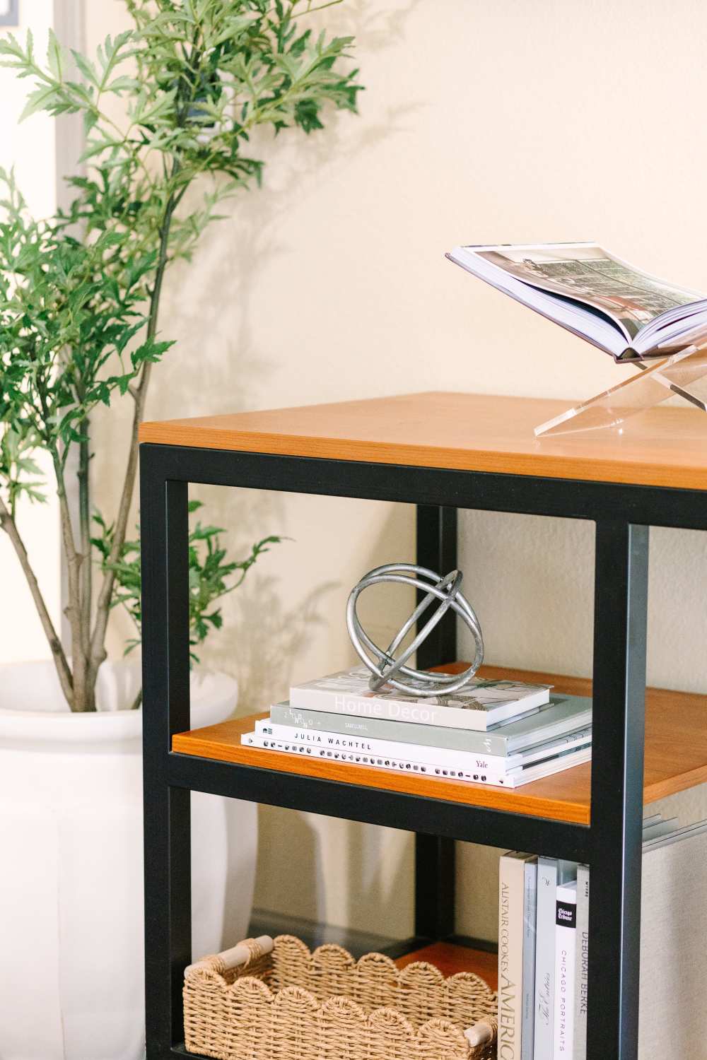 Wood and metal shelving with books, decor accents, and potted plant in living space at The Holly in Lubbock, Texas