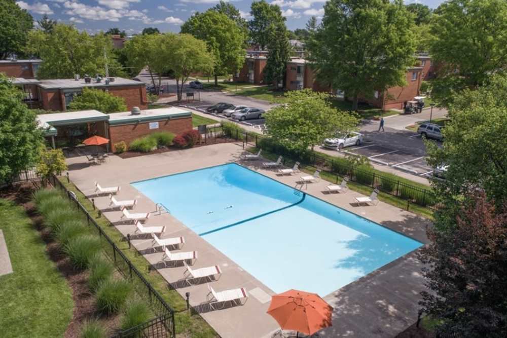 Aerial view of the community swimming pool at Courtyard Apartments in Columbia,Missouri