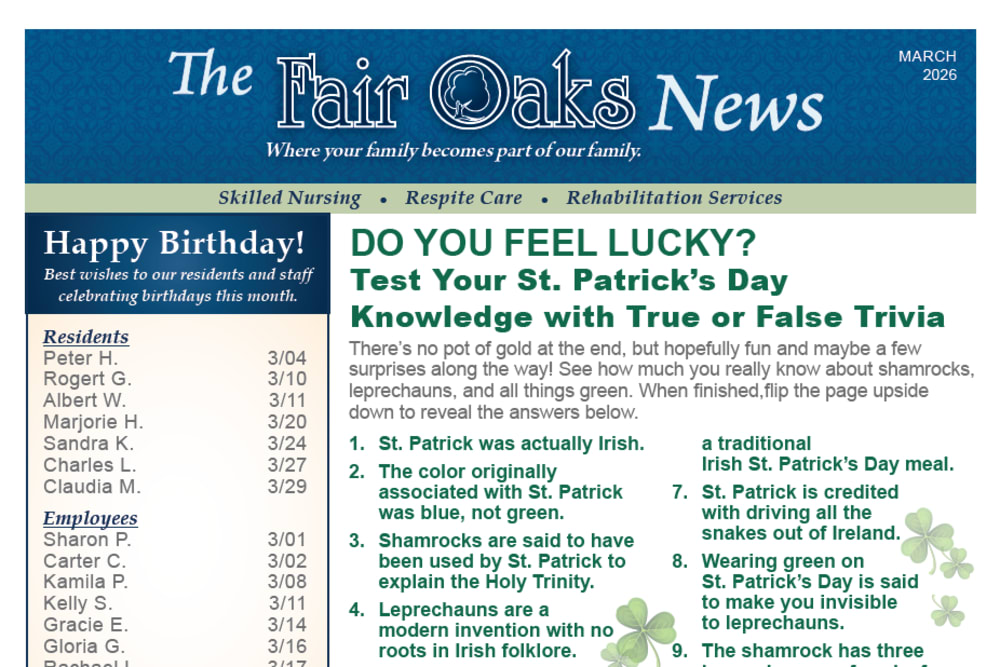 March 2026 Newsletter at Fair Oaks Health Care Center in Crystal Lake, Illinois