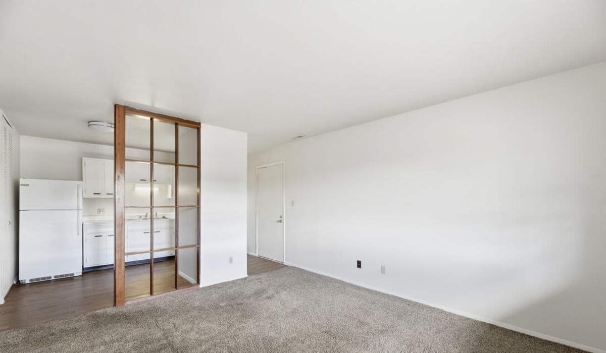 Charming living area with a modern kitchen and cozy carpet, perfect for relaxation and entertaining at The Reserve at Pin Oak Manor Apartments in Mishawaka, Indiana.