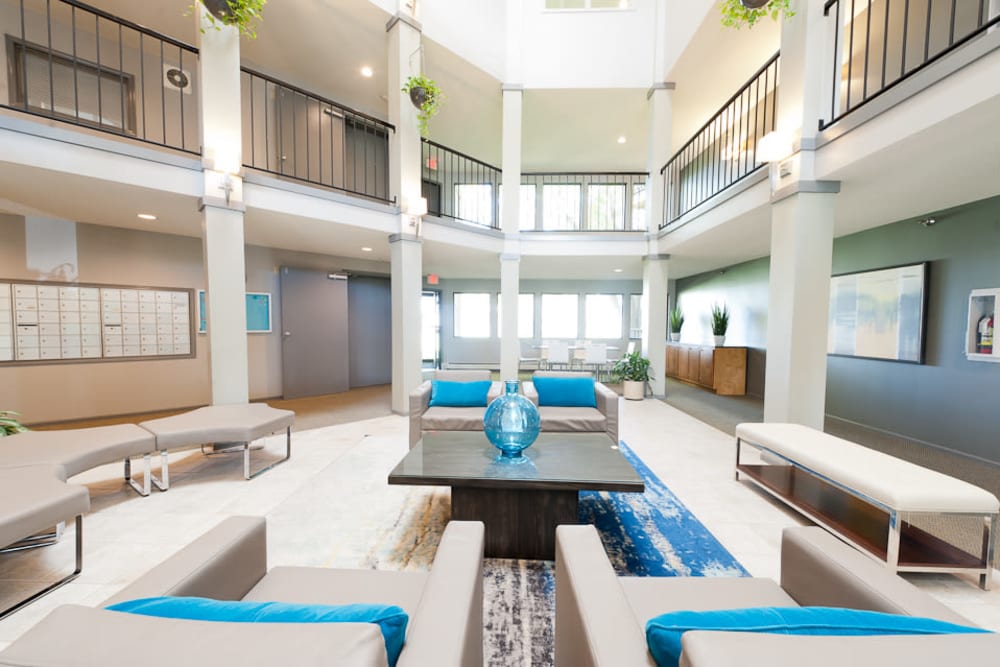 Seating and mail area at Pointe West Apartment Homes in West Des Moines, Iowa