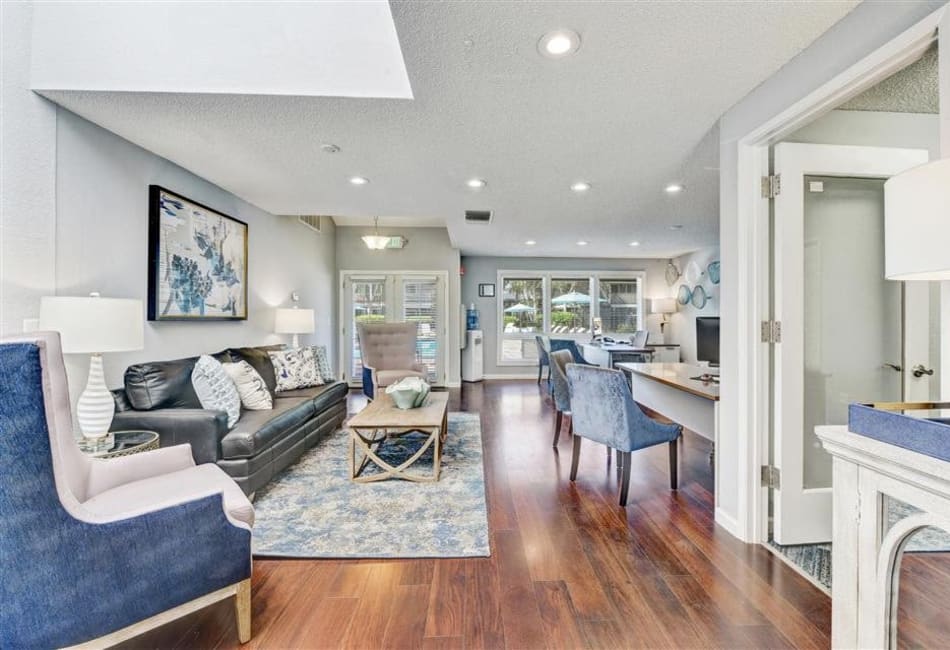 Interior of the comfortably decorated leasing office at Sofi Union City in Union City, California