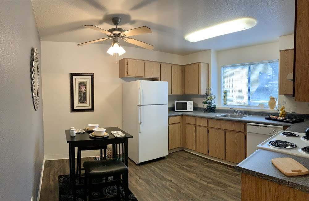 Kitchen and dining area at  River Terrace in Sacramento, California