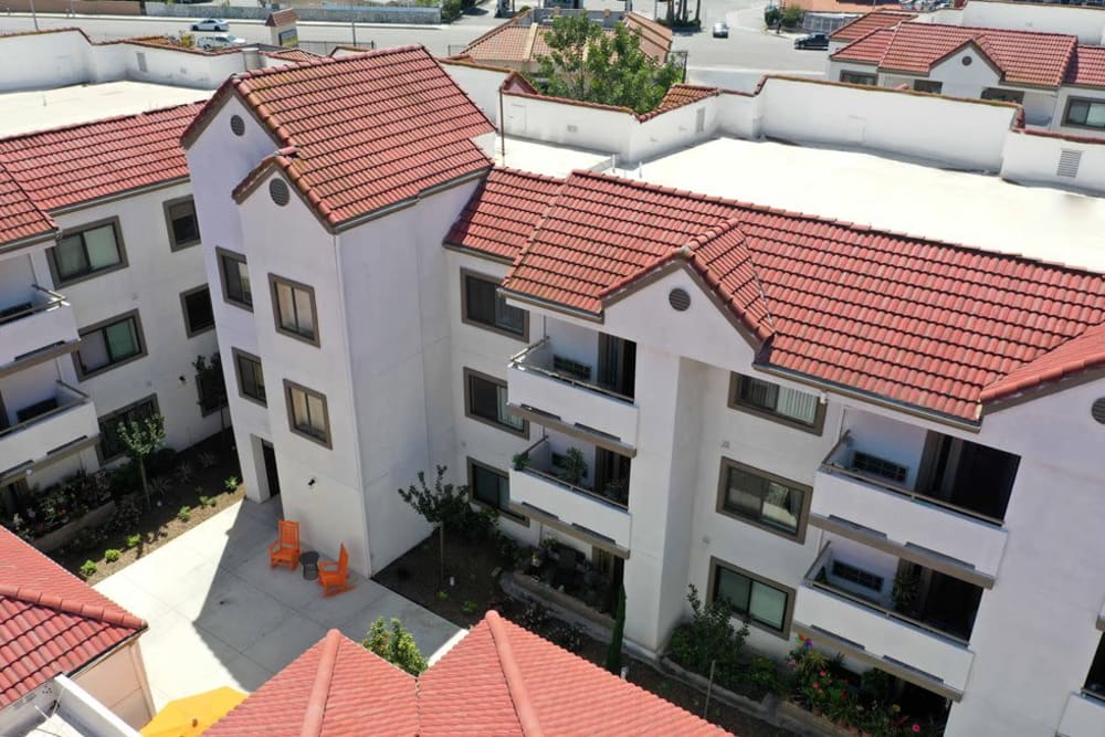 Overhead view of apartment buildings at Sunny Garden Apartments in La Puente, California