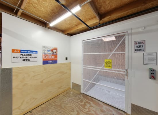A freight elevator at A-1 Self Storage in El Cajon, California