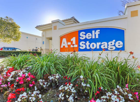 Flowers and our sign at A-1 Self Storage in Paramount, California