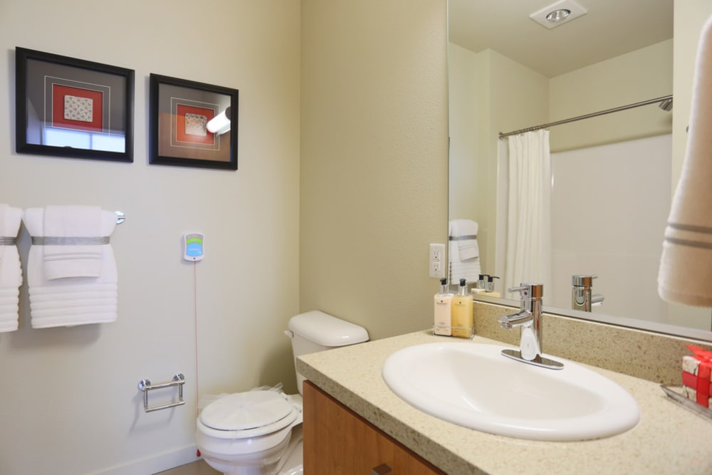 Bathroom in senior living apartment at The Lofts at Glenwood Place in Vancouver, Washington