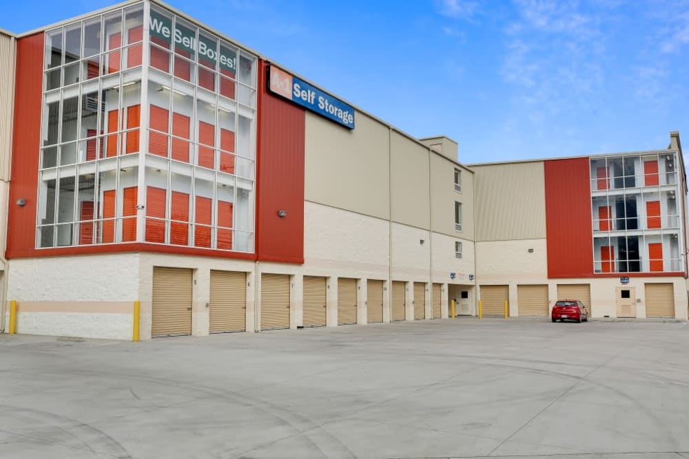 Exterior view of the A-1 Self Storage building and its wide driveway.