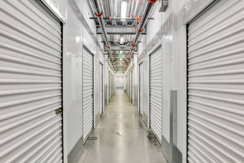 A row of indoor storage units at A-1 Self Storage in Belmont, California