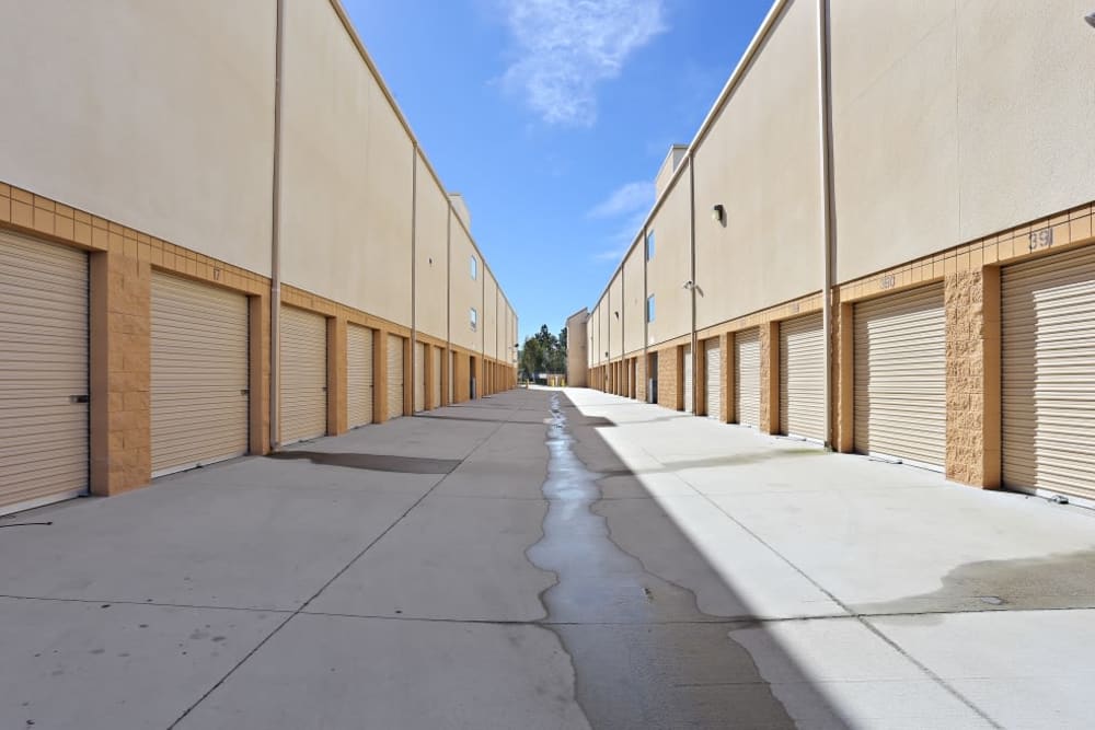 A row of indoor storage units at A-1 Self Storage in Chula Vista, California