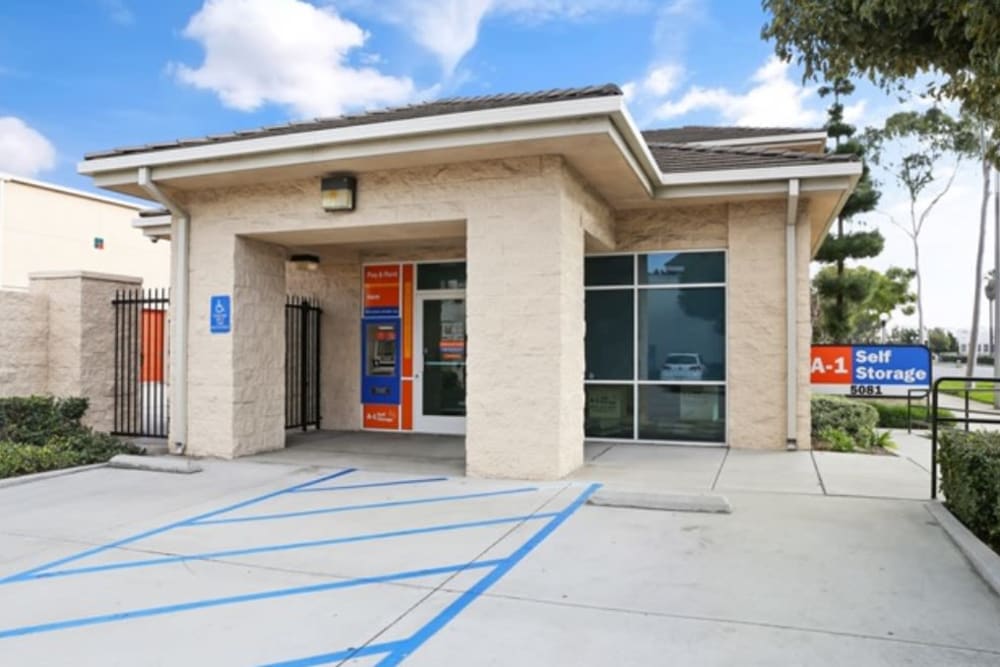 The front entrance to A-1 Self Storage in Cypress, California