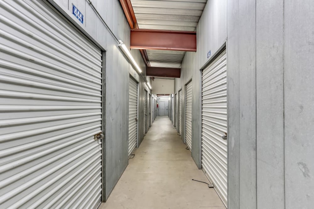 A row of indoor storage units at A-1 Self Storage in El Monte, California