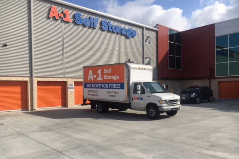 Moving truck and outdoor units at A-1 Self Storage in San Diego, California