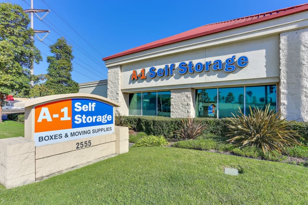 The sign & front entrance of A-1 Self Storage in Santa Ana, California