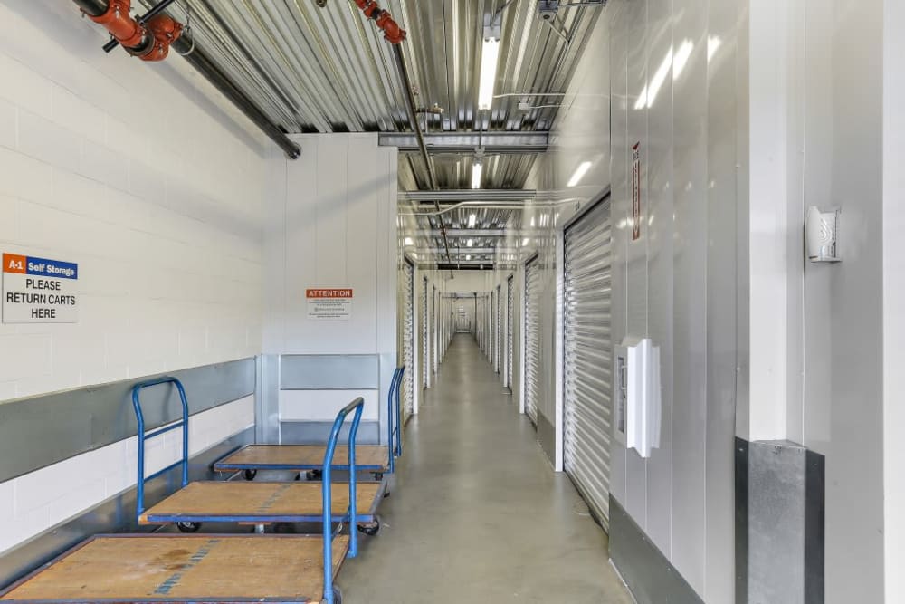 A row of indoor storage units at A-1 Self Storage in San Juan Capistrano, California