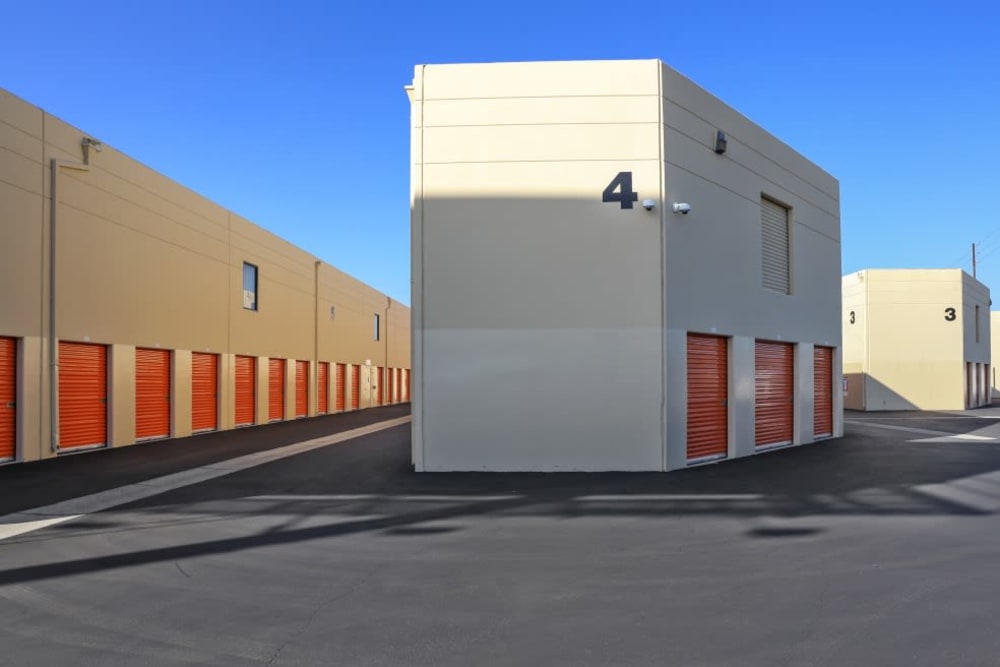 Rows of outdoor storage units at A-1 Self Storage in Fountain Valley, California