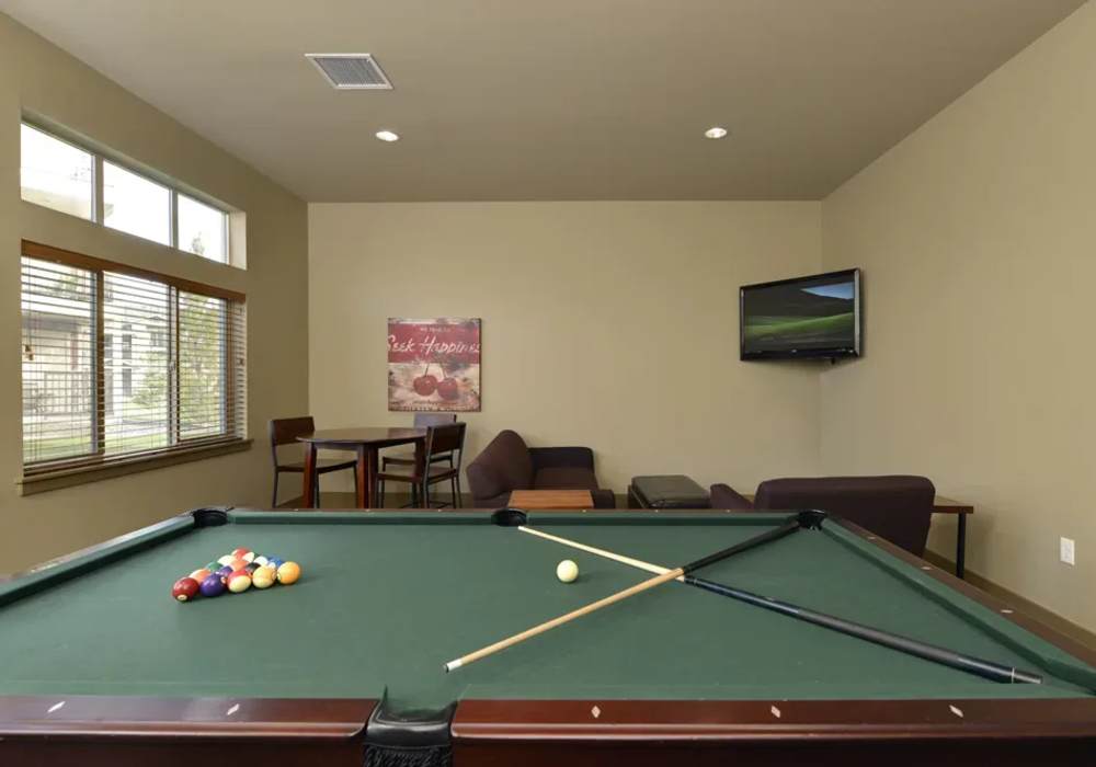 A vibrant game room featuring a pool table, cozy seating area and a tv for entertainment at Copper Ridge in Kennewick, Washington