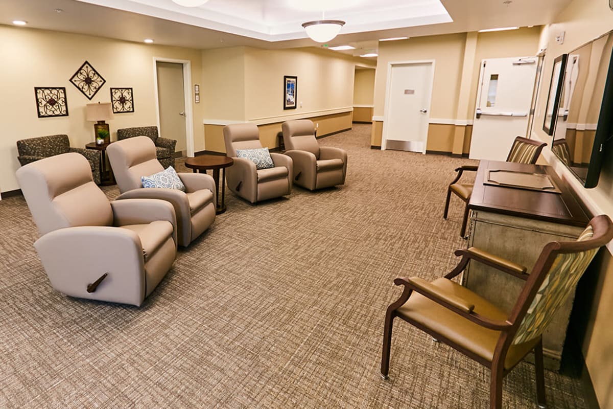 An entertainment area with lounge seating at Farmington Square Gresham in Gresham, Oregon