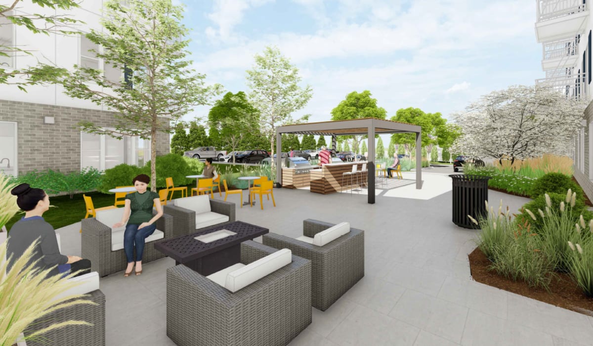 Exterior building with parking and outdoor area at The Intersect in Madison, Wisconsin