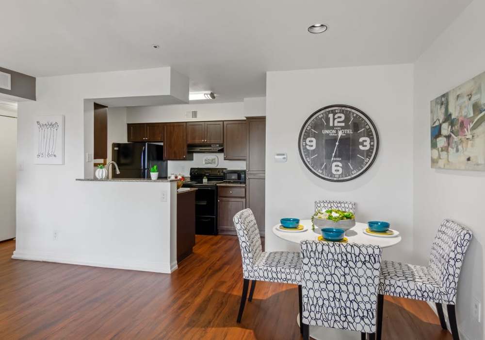 Dining and kitchen area in a spacious apartment at Cabrillo Apartments in Scottsdale, Arizona