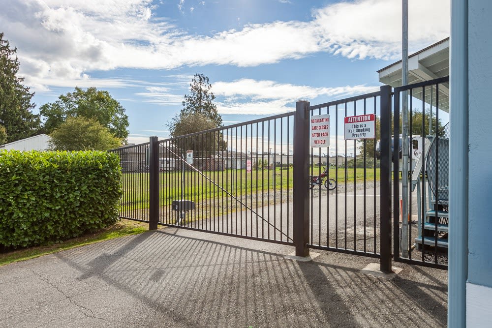 Security gate at Mini Storage Mt. Vernon-Burlington in Burlington, Washington.