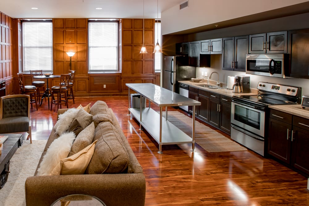 Spacious open format living space in an apartment at The Reserve at 4th and Race in Cincinnati, Ohio