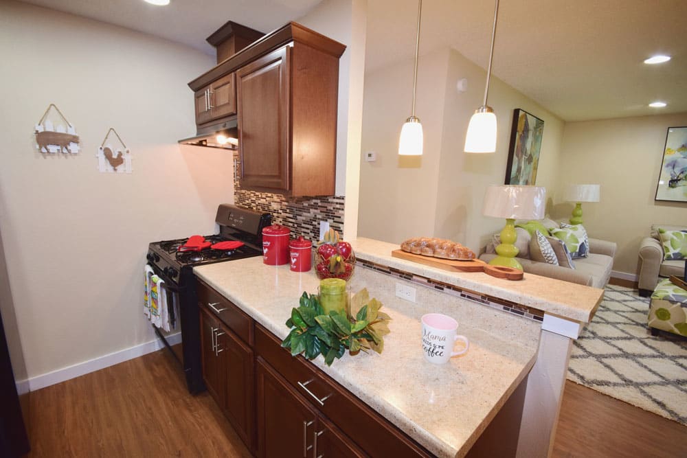 Beautiful model kitchen overlooking the living room at Buffalo Ridge in Princeton, Texas