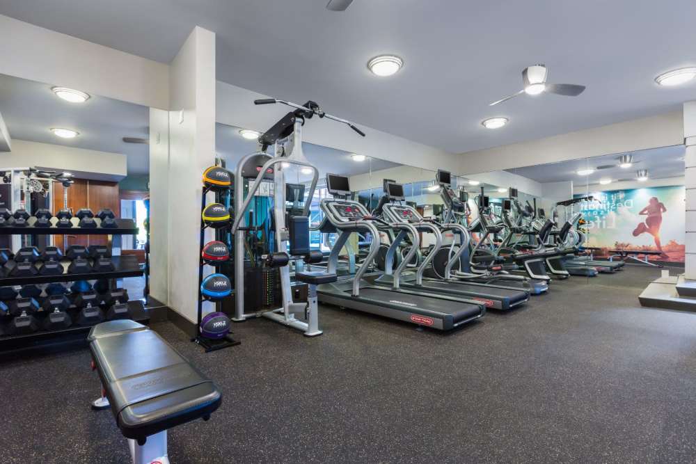 Fitness center with treadmills and weight machine at Belmont Glen Residences in Belmont, California