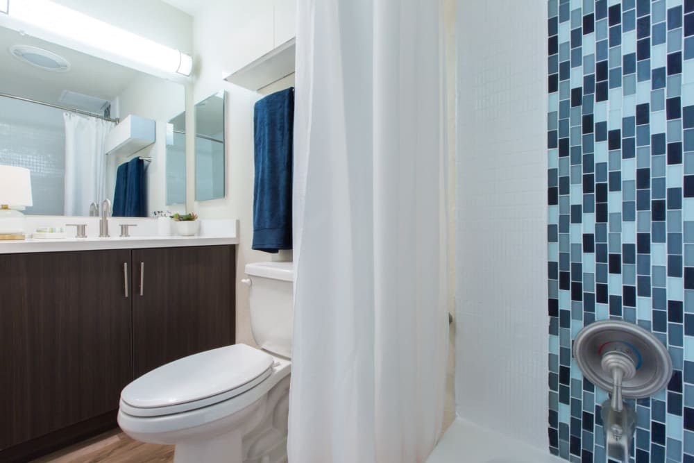 Bright bathroom with large vanity and bathtub at Belmont Glen Residences in Belmont, California