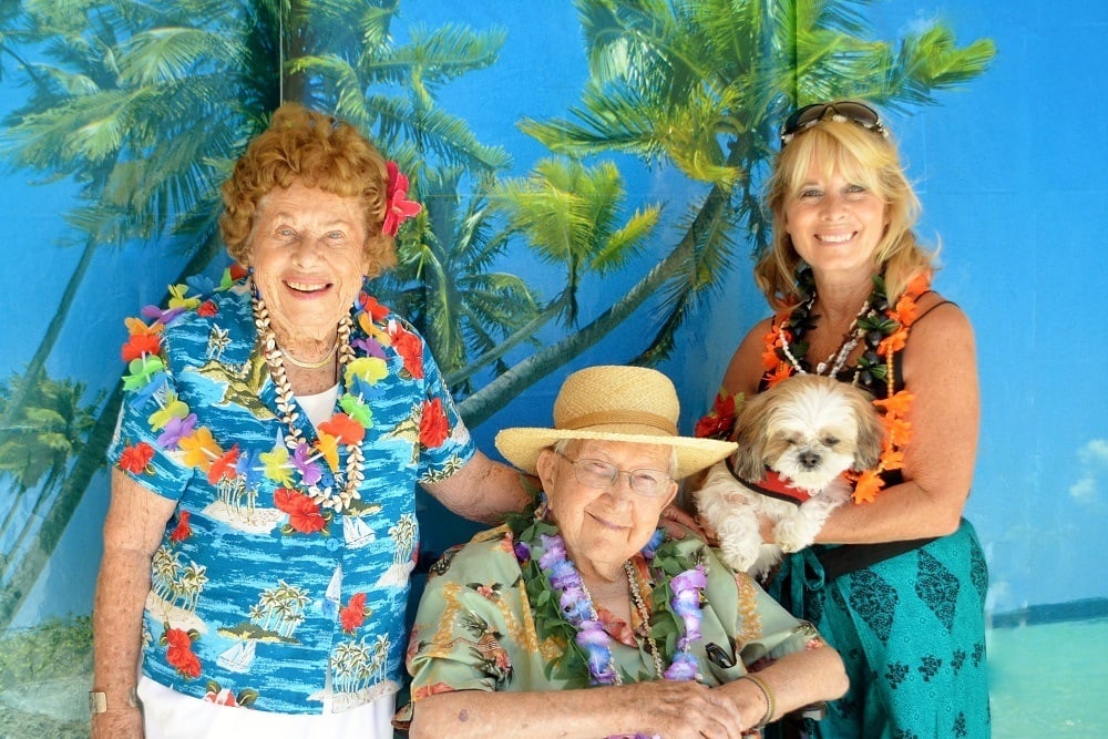 Enjoying the Hawaiian party at Merrill Gardens at Santa Maria in Santa Maria, California. 