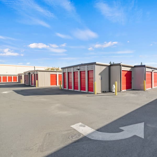 Red doors on outdoor units at StorQuest Express Self Service Storage in Sacramento, California