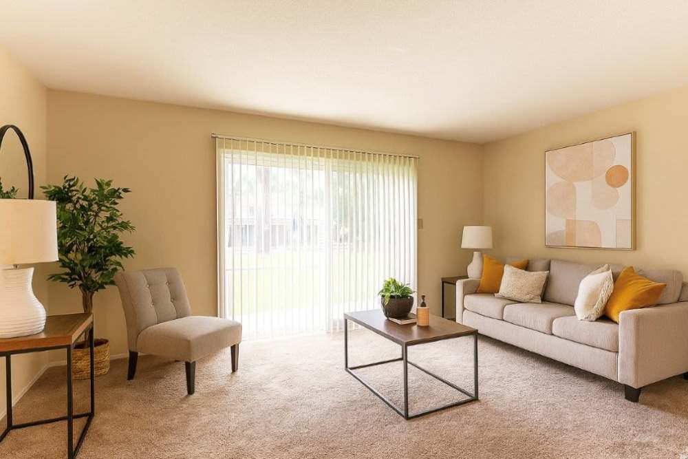 Living room with couch and center table at Crown Villa Apartments in Savannah, Georgia