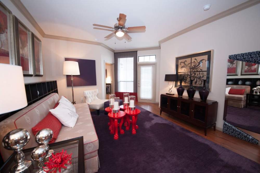 Living room with premium interiors at Forum on San Felipe in Houston, Texas